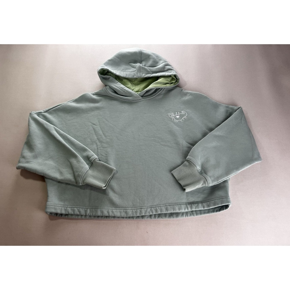 Tone On Tone Women Large Sage Green Cropped Hoodie Crab Embroidered Cotton